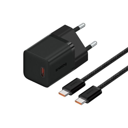 Baseus GaN5 Mini hálózati gyorstöltő 30W, USB Type-C, fekete + 100W USB Type-C, 1m kábel