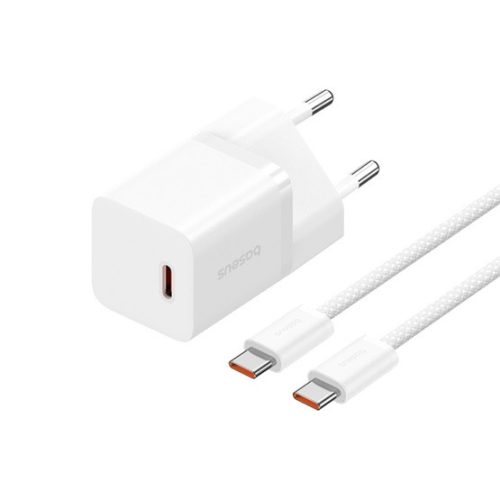 Baseus GaN5 Mini hálózati gyorstöltő 30W, USB Type-C, fehér + 100W USB Type-C, 1m kábel
