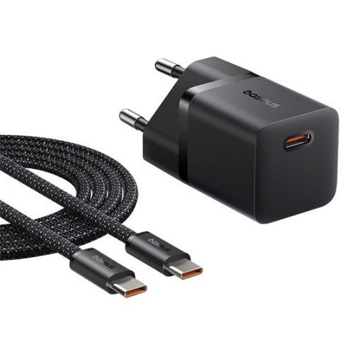 Baseus GaN5 Mini hálózati gyorstöltő 25W, USB Type-C, fekete + 100W USB Type-C, 1m kábel