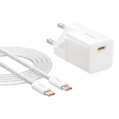 Baseus GaN5 Mini hálózati gyorstöltő 25W, USB Type-C, fehér + 100W USB Type-C, 1m kábel