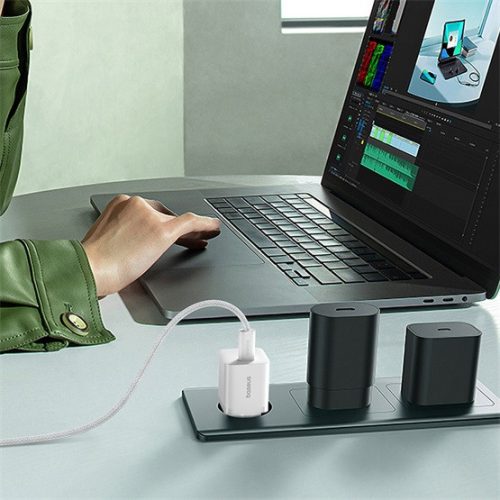 Baseus GaN5 Mini hálózati gyorstöltő 25W, USB Type-C, fehér + 100W USB Type-C, 1m kábel