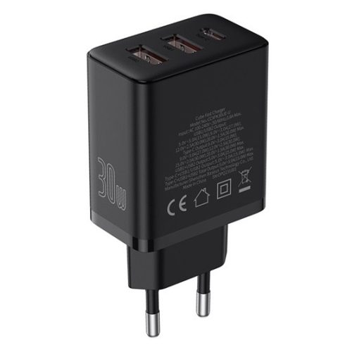 Baseus Cube hálózati gyorstöltő 30W, USB Type-C + 2×USB Type-A, fekete