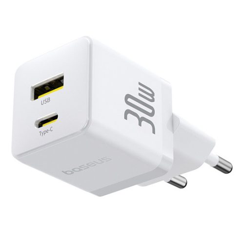 Baseus Palm hálózati gyorstöltő 30W, USB Type-C + USB Type-A, fehér