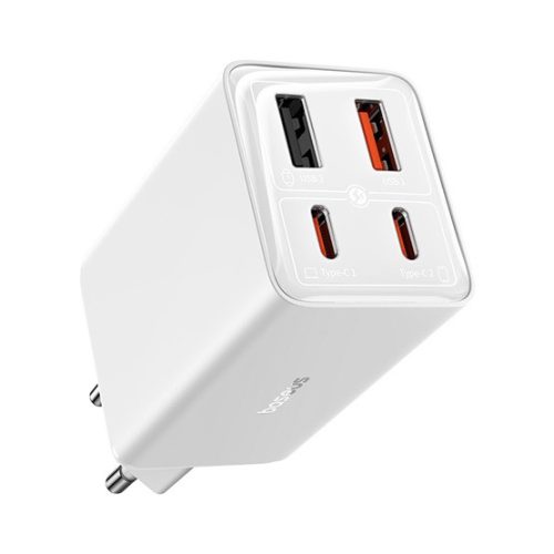 Baseus GaN6 Pro hálózati gyorstöltő 65W, 2×USB Type-C + 2×USB Type-A, fehér + 100W USB Type-C, 1m kábel