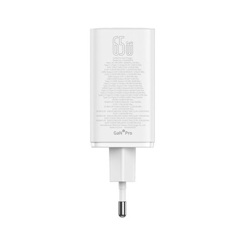 Baseus GaN6 Pro hálózati gyorstöltő 65W, 2×USB Type-C + 2×USB Type-A, fehér + 100W USB Type-C, 1m kábel