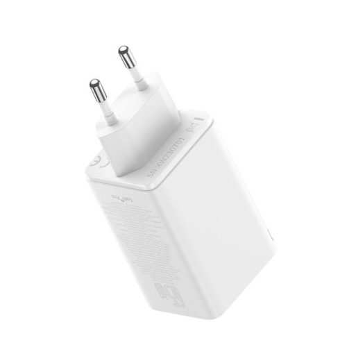 Baseus GaN6 Pro hálózati gyorstöltő 65W, 2×USB Type-C + 2×USB Type-A, fehér + 100W USB Type-C, 1m kábel