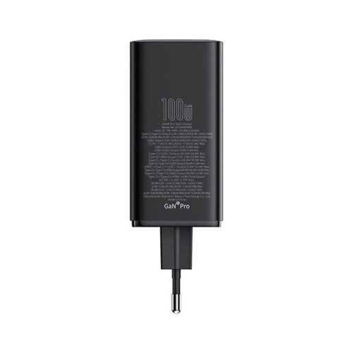 Baseus GaN6 Pro hálózati gyorstöltő 100W, 2×USB Type-C + 2×USB Type-A, fekete + 100W USB Type-C, 1m kábel