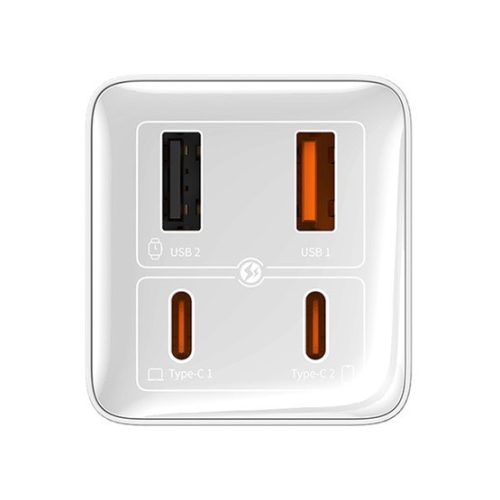 Baseus GaN6 Pro hálózati gyorstöltő 100W, 2×USB Type-C + 2×USB Type-A, fehér + 100W USB Type-C, 1m kábel