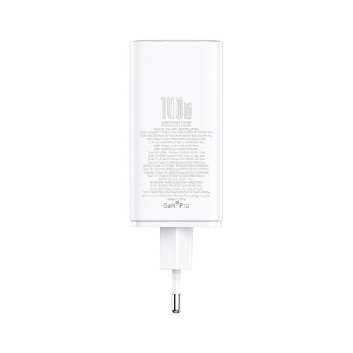 Baseus GaN6 Pro hálózati gyorstöltő 100W, 2×USB Type-C + 2×USB Type-A, fehér + 100W USB Type-C, 1m kábel