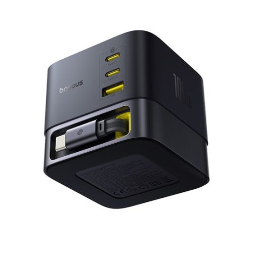 Baseus Super GaN töltőállomás 100W, 1×USB Type-A + 2×USB Type-C + USB Type-C automata behúzós kábel, fekete
