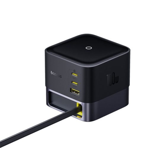 Baseus Super GaN töltőállomás 100W, 1×USB Type-A + 2×USB Type-C + USB Type-C automata behúzós kábel, fekete