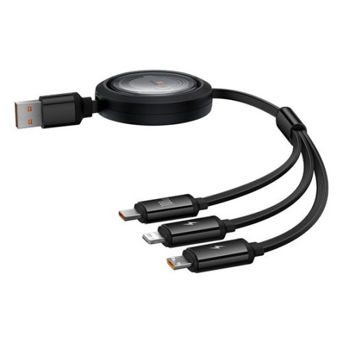 Baseus Free2Draw Crystal USB Type-A – iPhone+USB Type-C+Micro, 100W automata behúzós gyorstöltő adatkábel, 1.1m, fekete