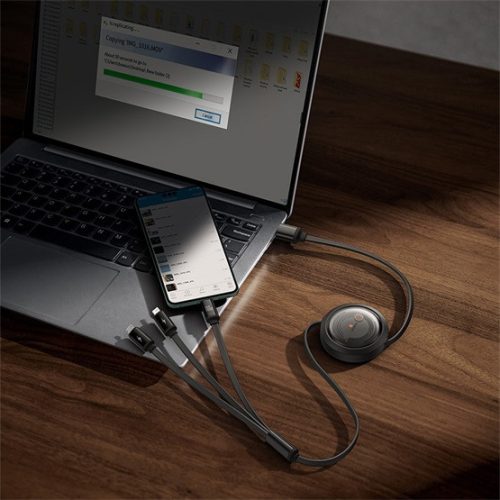 Baseus Free2Draw Crystal USB Type-A – iPhone+USB Type-C+Micro, 100W automata behúzós gyorstöltő adatkábel, 1.1m, fekete