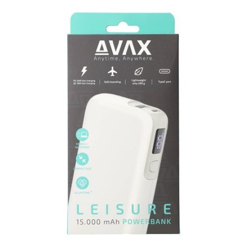 AVAX PB106W LEISURE PD/Type-C 30W+QC 18W gyorstöltő Powerbank 15.000mAh, fehér - Dobozsérült termék