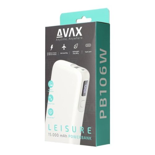 AVAX PB106W LEISURE PD/Type-C 30W+QC 18W gyorstöltő Powerbank 15.000mAh, fehér - Dobozsérült termék