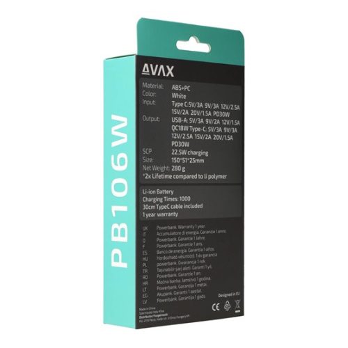 AVAX PB106W LEISURE PD/Type-C 30W+QC 18W gyorstöltő Powerbank 15.000mAh, fehér - Dobozsérült termék