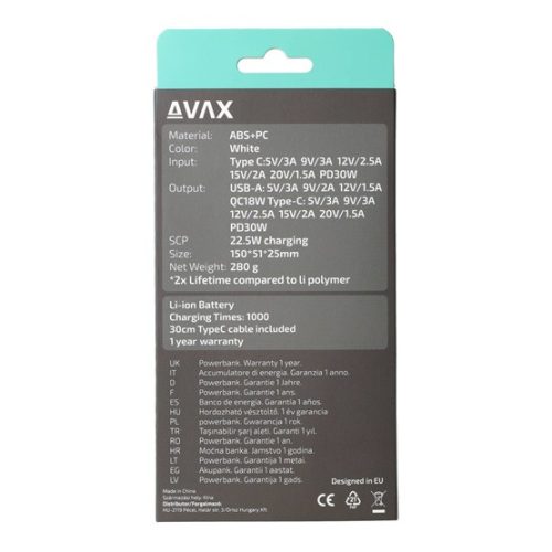 AVAX PB106W LEISURE PD/Type-C 30W+QC 18W gyorstöltő Powerbank 15.000mAh, fehér - Dobozsérült termék