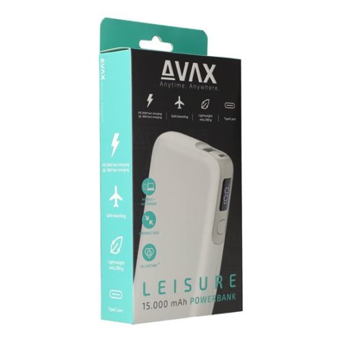 AVAX PB106W LEISURE PD/Type-C 30W+QC 18W gyorstöltő Powerbank 15.000mAh, fehér - Dobozsérült termék