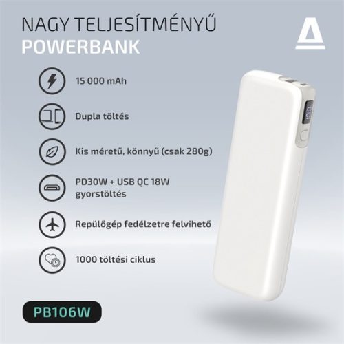 AVAX PB106W LEISURE PD/Type-C 30W+QC 18W gyorstöltő Powerbank 15.000mAh, fehér - Dobozsérült termék