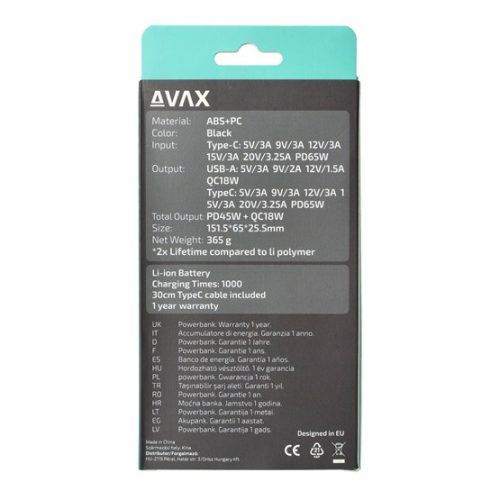 AVAX PB202B VITALITY PD/Type C 65W+QC 18W gyorstöltő Powerbank 20.000mAh, fekete - Dobozsérült termék