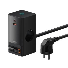   Baseus PowerCombo töltőállomás 65W, 2×CEE 7/3 +1×USB Type-A + 1×USB Type-C + USB Type-C kábel, fekete