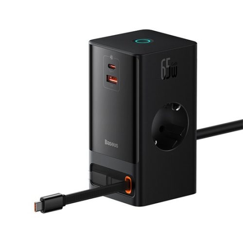 Baseus PowerCombo töltőállomás 65W, 2×CEE 7/3 +1×USB Type-A + 1×USB Type-C + USB Type-C kábel, fekete