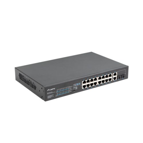 Lanberg Switch menedzsment nélküli, 16x 100Mb PoE+/ 2x 1GB/1X SFP, 10", 19" rackes (150W)