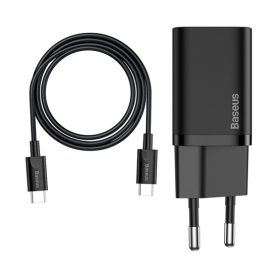   Baseus Super Si hálózati gyorstöltő 25W, USB Type-C, fekete + 3A USB Type-C, 1m kábel