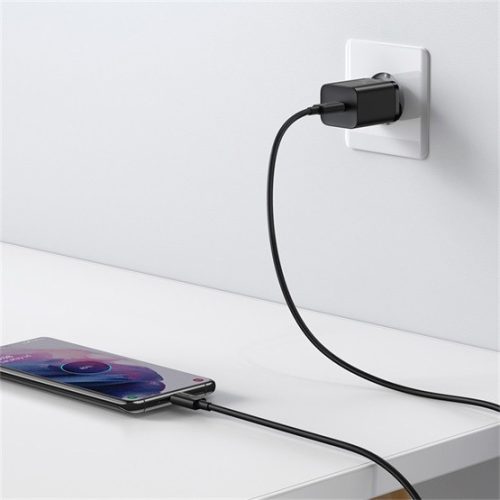 Baseus Super Si hálózati gyorstöltő 25W, USB Type-C, fekete + 3A USB Type-C, 1m kábel