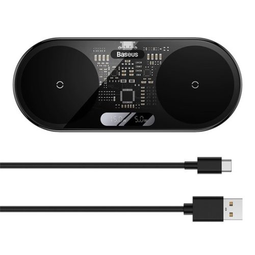 Baseus Digital LED Display 2-in-1 vezeték nélküli töltő 20W, fekete + 3A USB Type-A – USB Type-C,  1m kábel